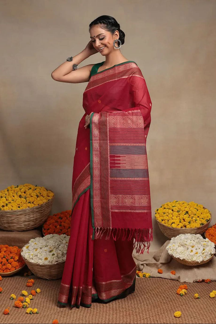 Handloom Magenta Pure Cotton Kanchi Saree | SHOBITAM