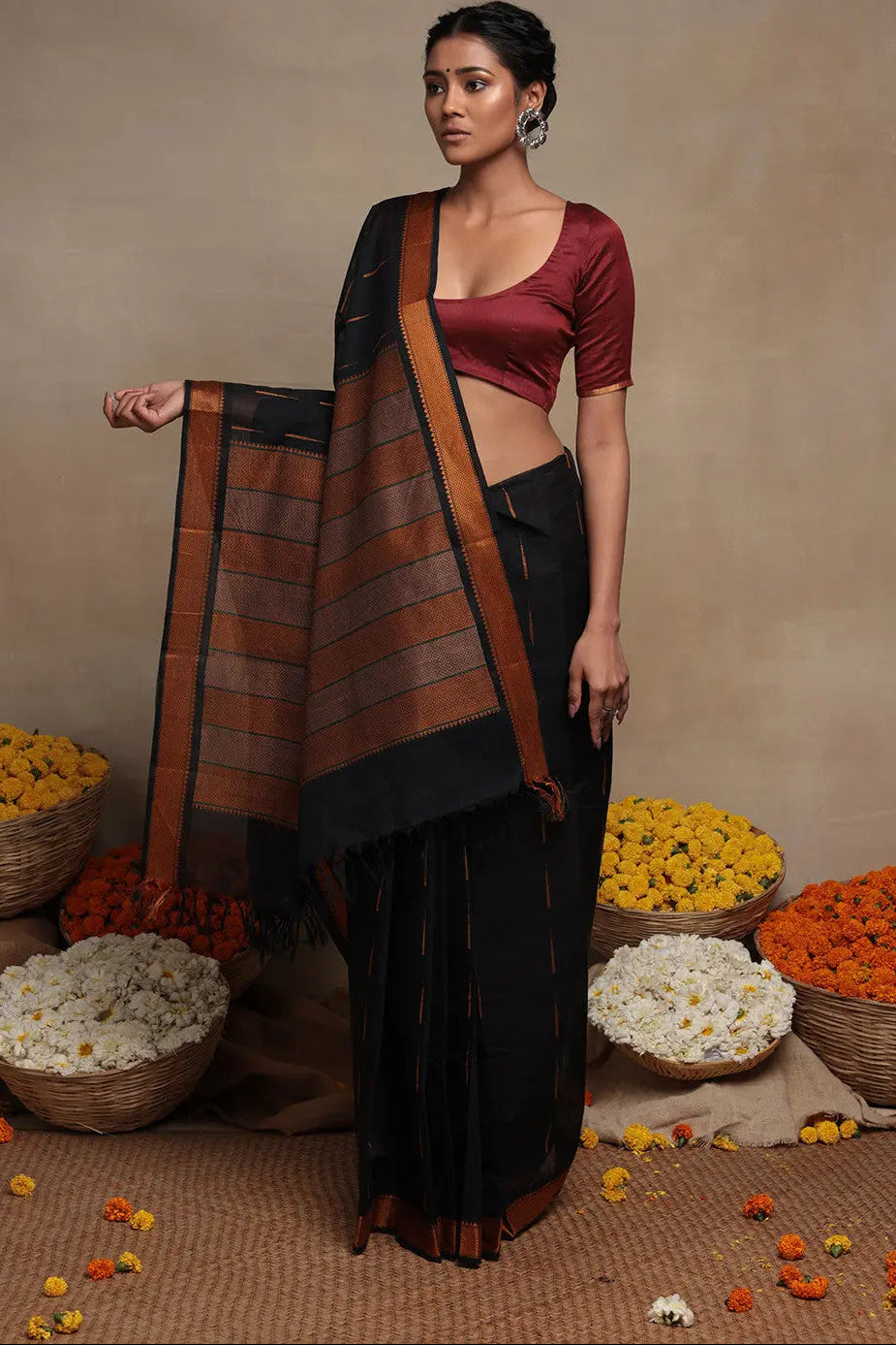 Handloom Black Pure Cotton Kanchi Contemporary Saree | SHOBITAM