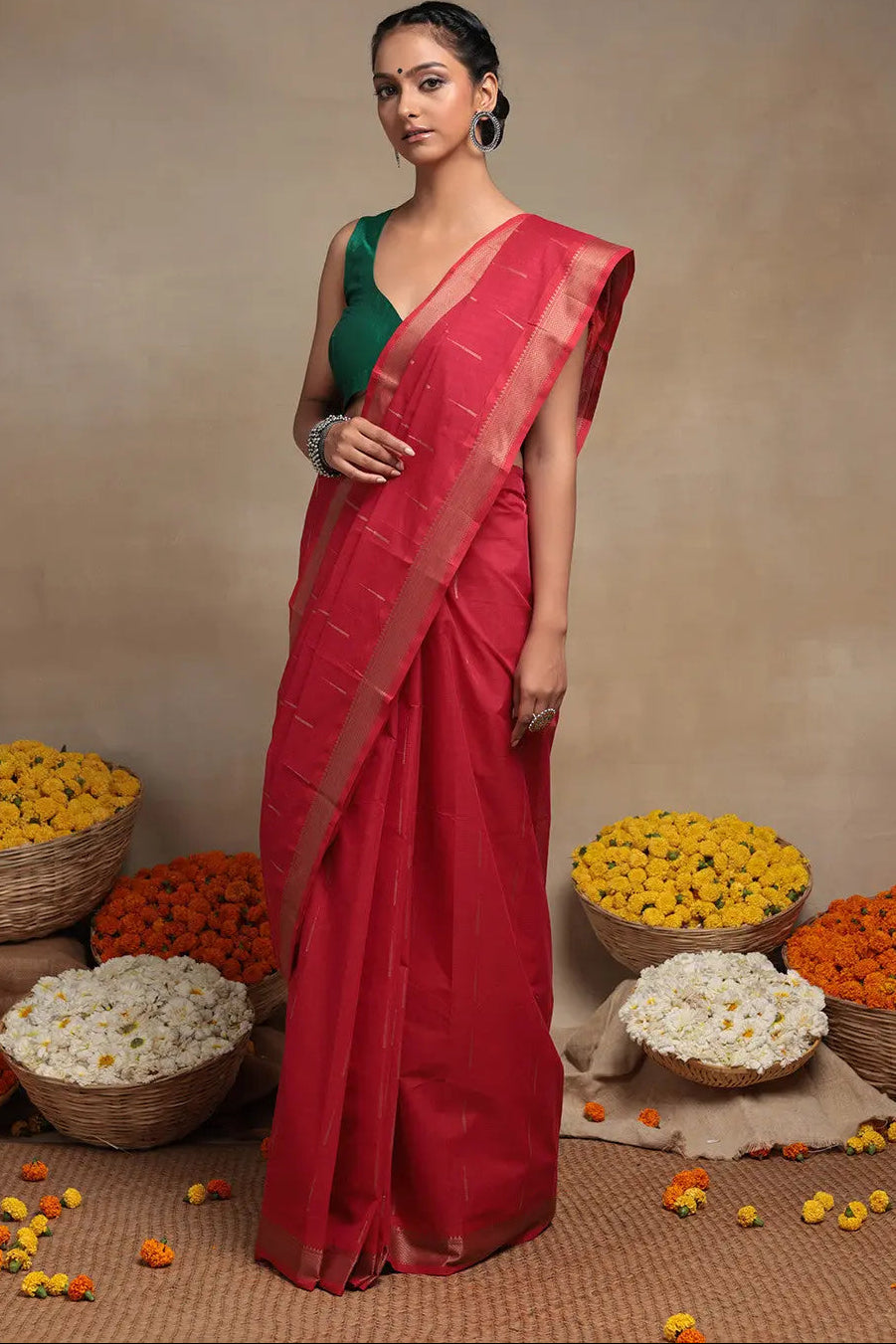 Handloom Raspberry Red Pure Cotton Kanchi Saree | SHOBITAM