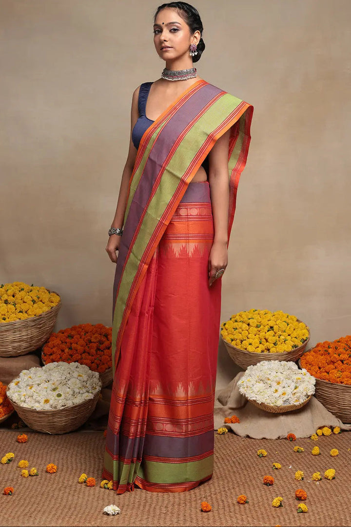 Handloom Royal Orange Pure Cotton Kanchi Saree | SHOBITAM