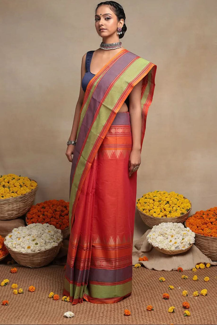 Handloom Royal Orange Pure Cotton Kanchi Saree | SHOBITAM