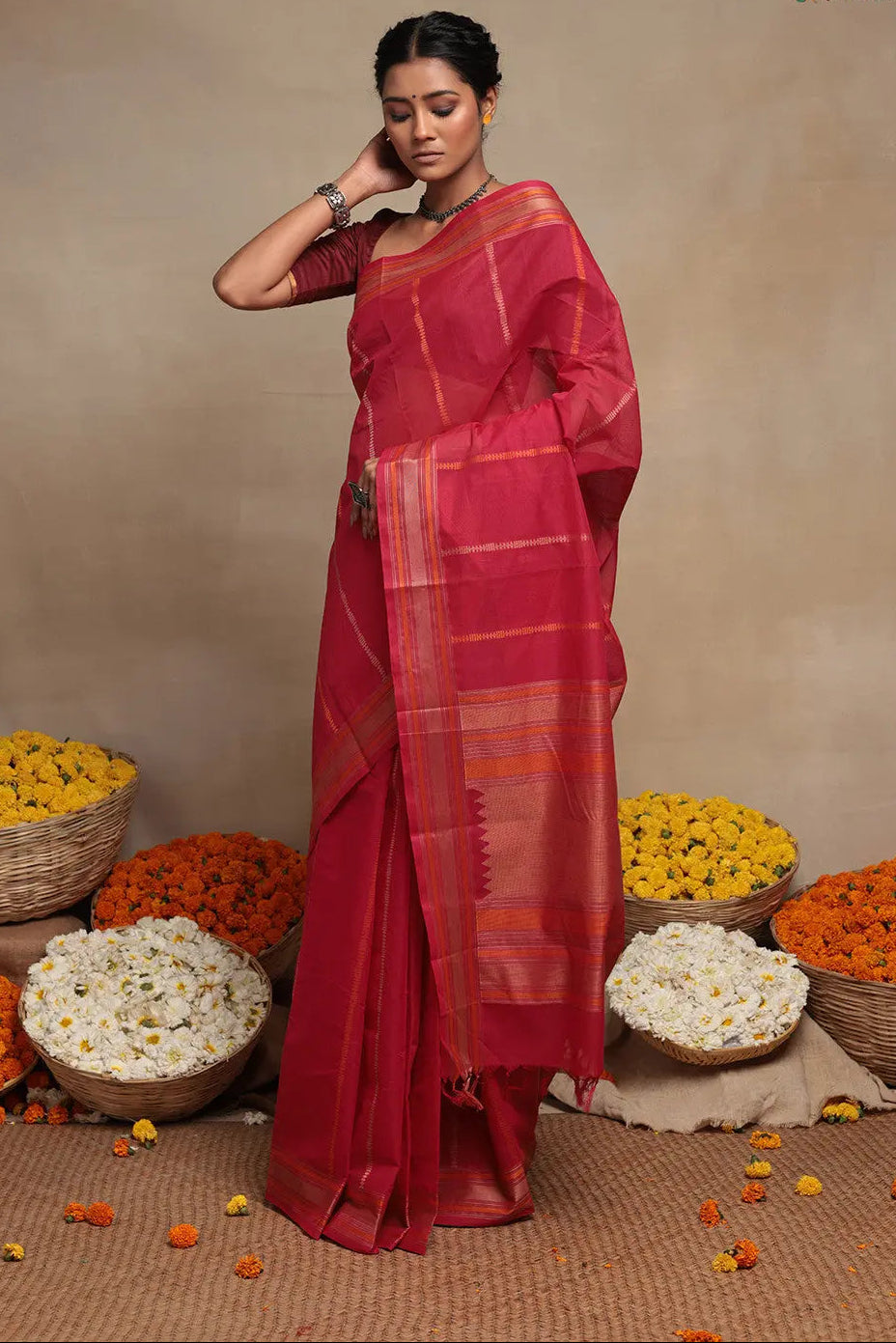 Magenta Handloom Kanchi Cotton Saree With Stripes | SHOBITAM