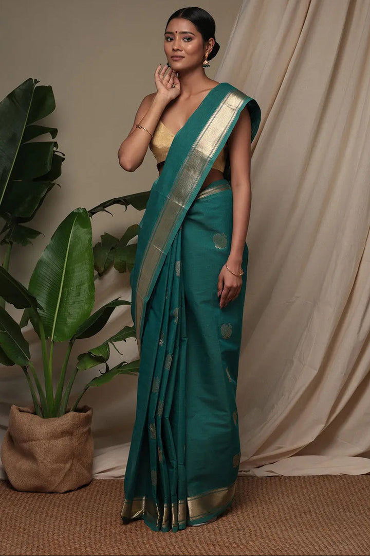 Handloom Jade Green Pure Cotton Kanchi Saree With Zari Border And Motifs | SHOBITAM