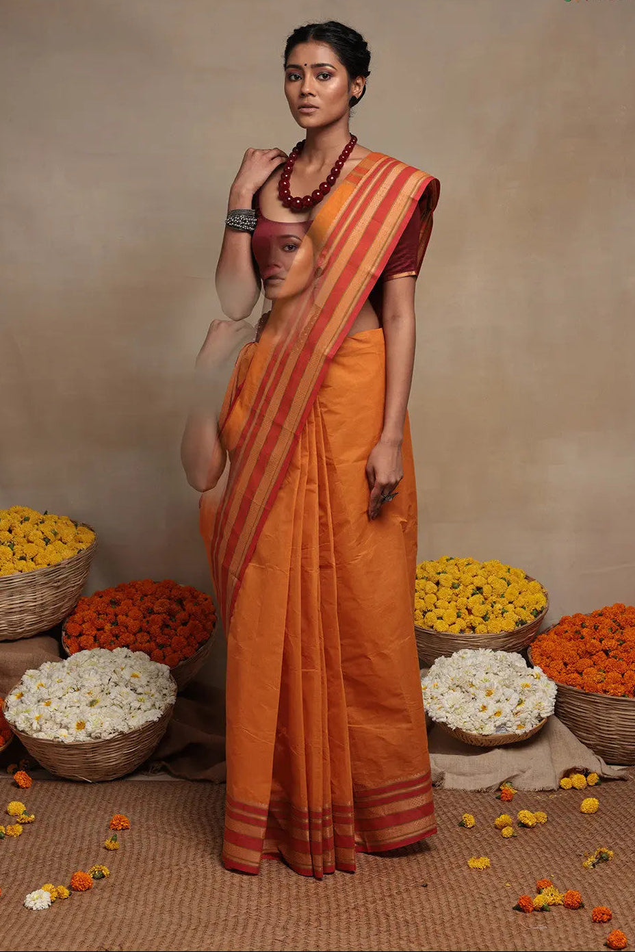 Handloom Atomic Orange Pure Cotton  Saree | SHOBITAM