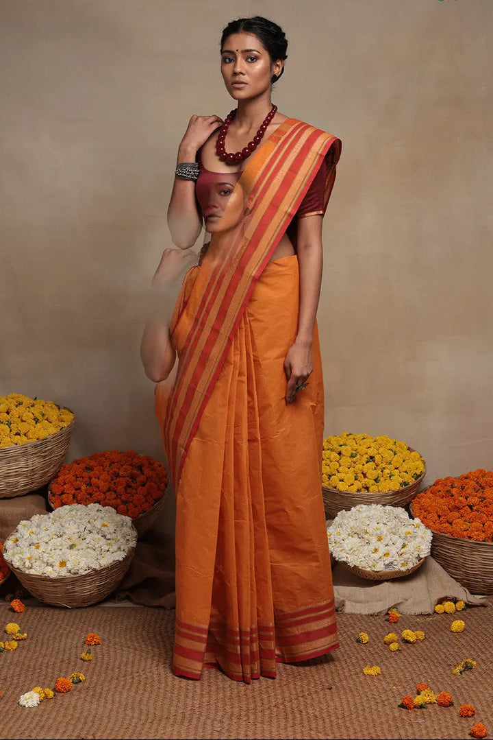 Handloom Atomic Orange Pure Cotton  Saree | SHOBITAM