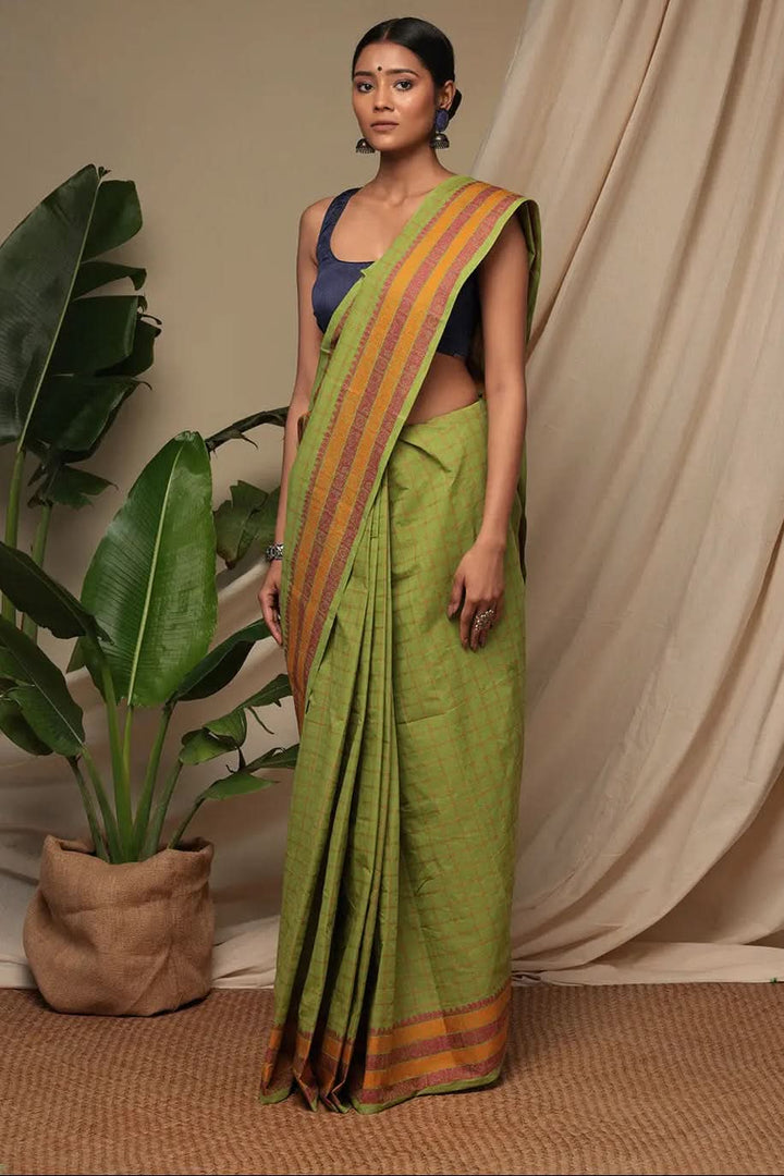 Handloom Parrot Green Pure Cotton Kanchi Saree With Generous Border | SHOBITAM