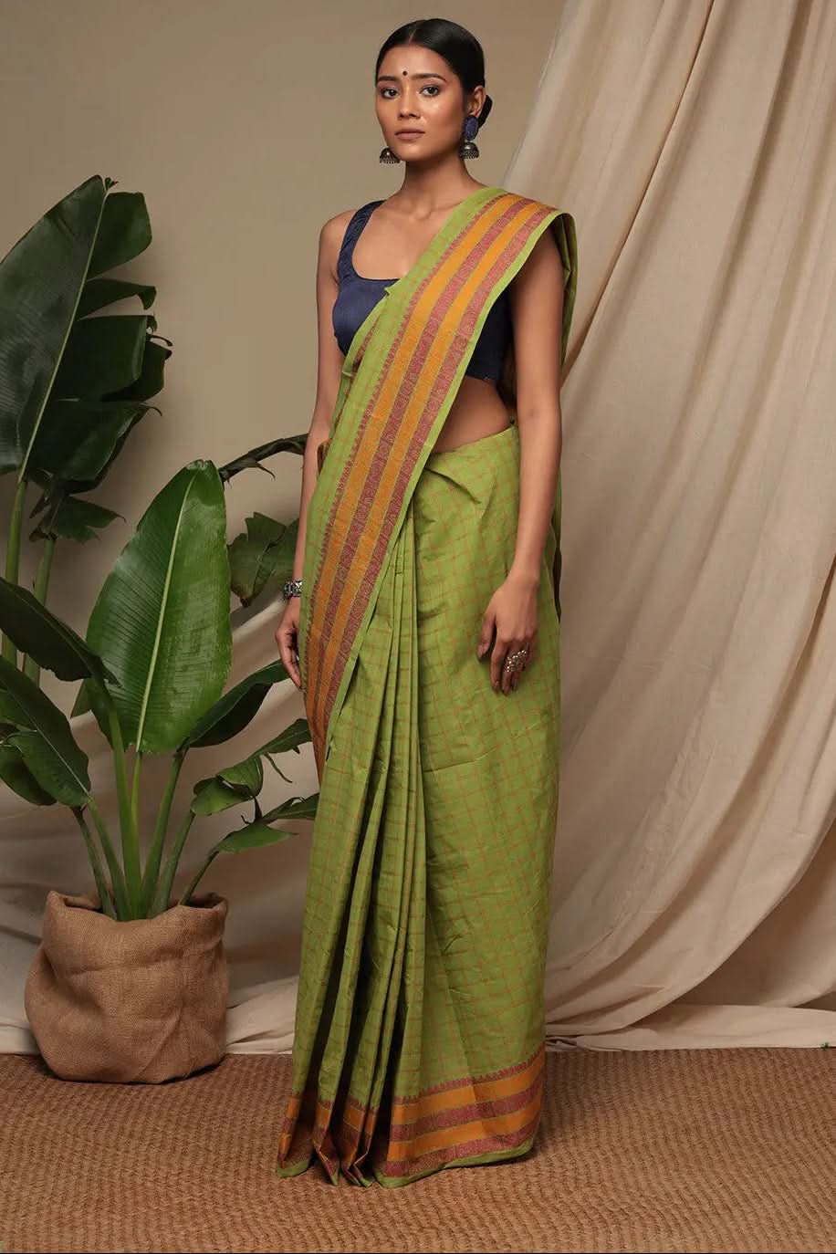 Handloom Parrot Green Pure Cotton Kanchi Saree With Generous Border | SHOBITAM