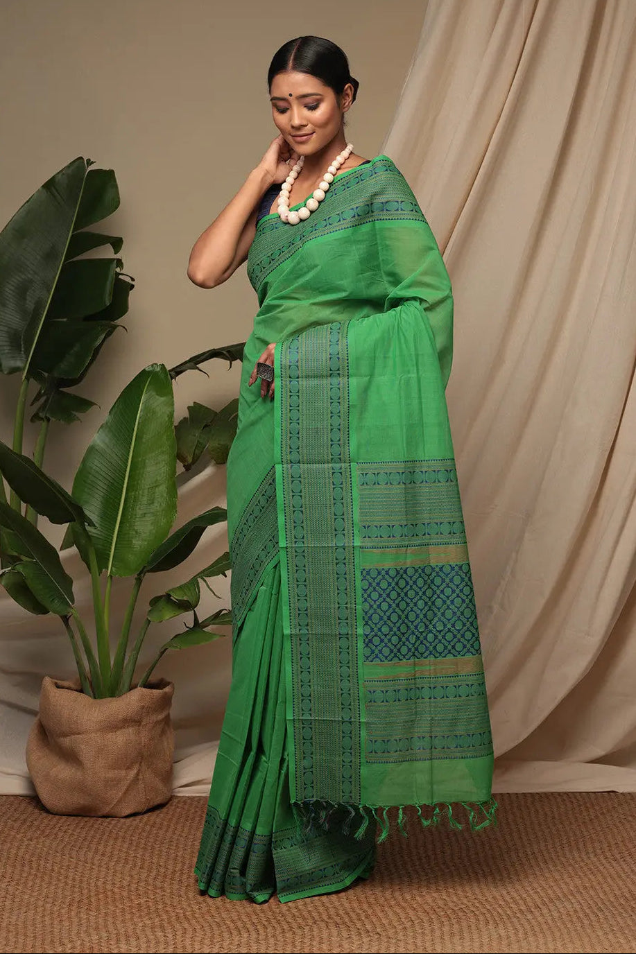 Green Pure Cotton Handloom Kanchi Saree | SHOBITAM
