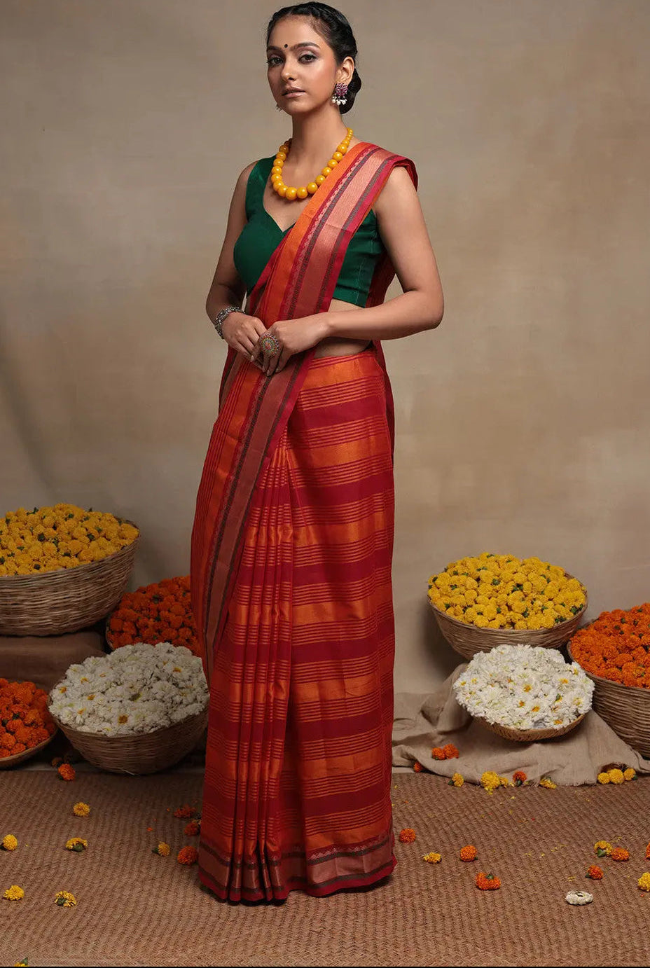 Handloom Orange & Red Pure Cotton Kanchi Saree | SHOBITAM