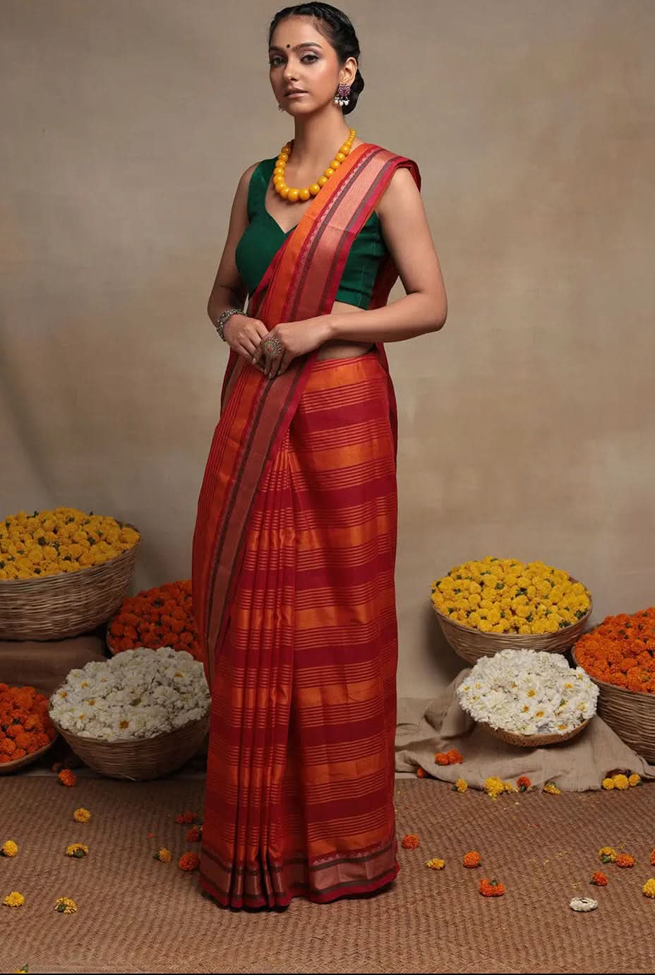 Handloom Orange & Red Pure Cotton Kanchi Saree | SHOBITAM
