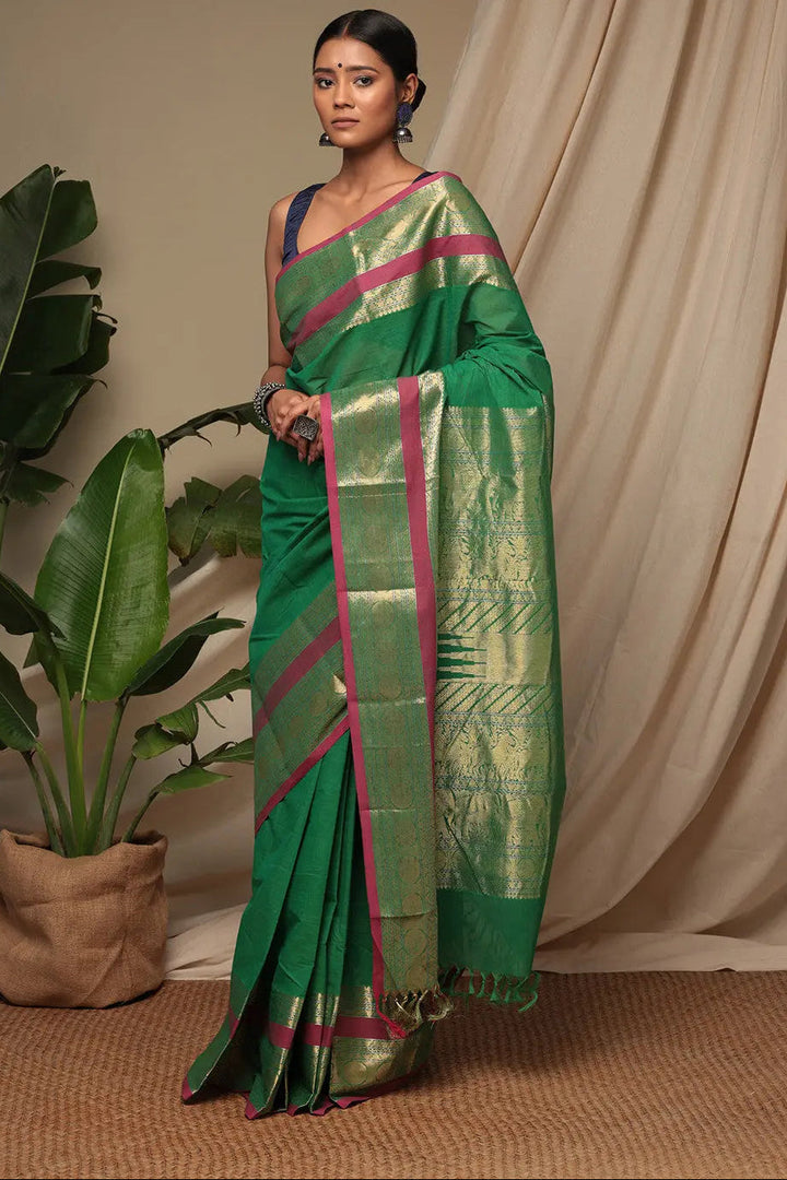 Handloom Forest Green Kanchi Cotton Saree With Exquisite Gold Zari Border & Pallu | SHOBITAM