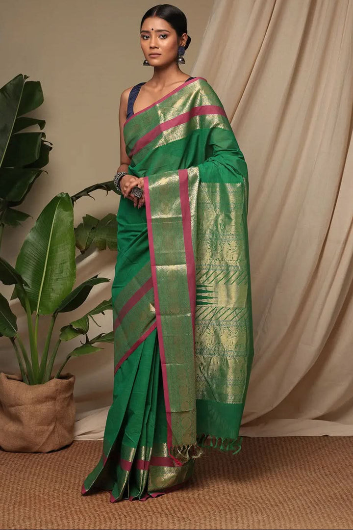 Handloom Forest Green Kanchi Cotton Saree With Exquisite Gold Zari Border & Pallu | SHOBITAM