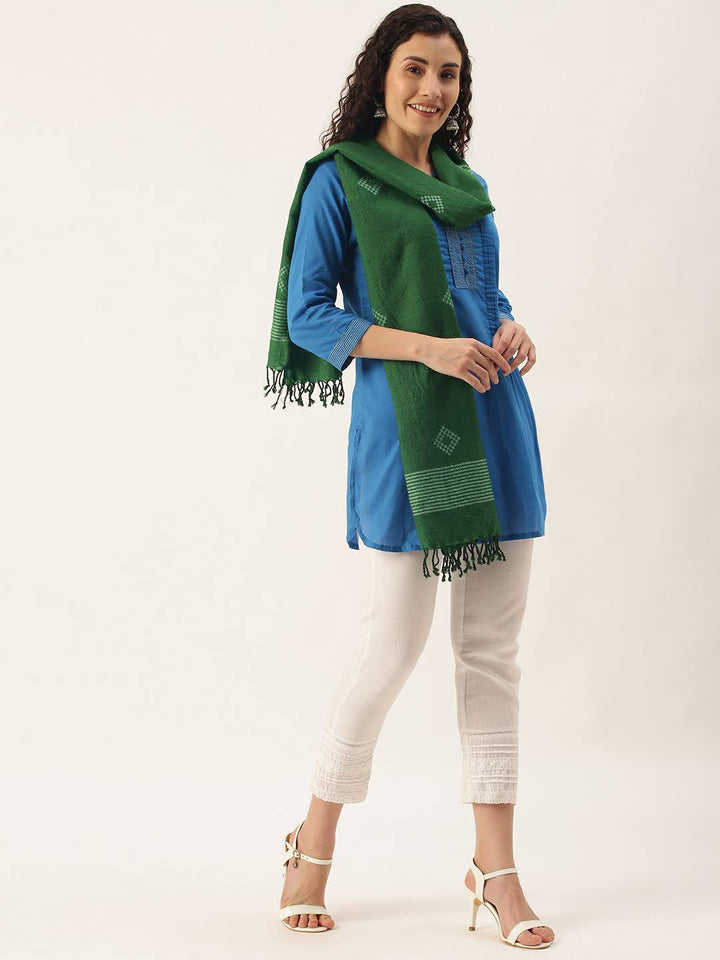 Handloom Green Jamdani Merino Wool Stole | SHOBITAM
