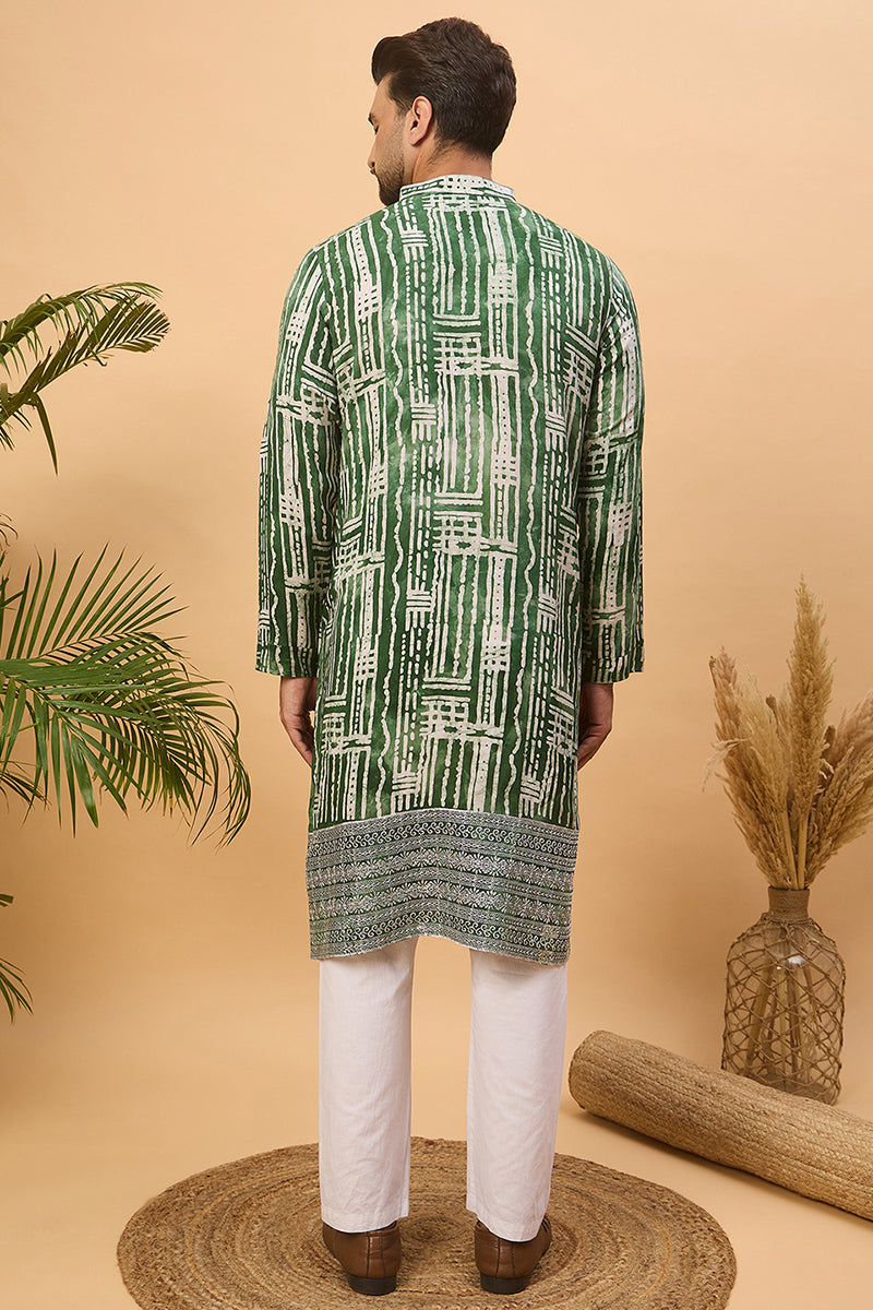 Green Viscose Rayon Batik Embroidered Straight Kurta | SHOBITAM