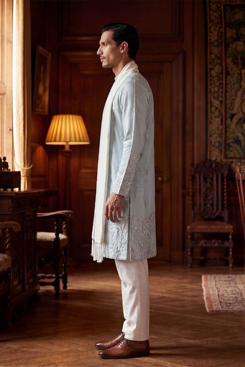 Men Blue Silk Blend Solid Embroidered Straight Kurta Sets  | SHOBITAM