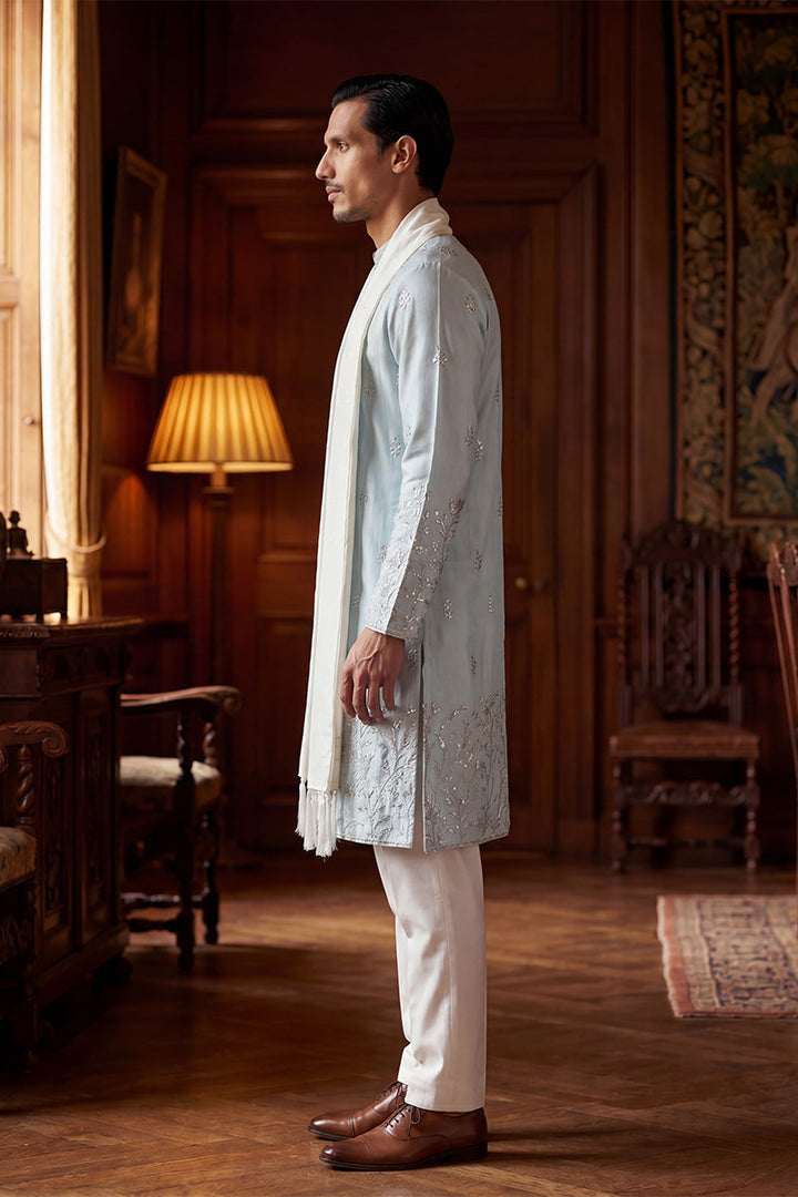 Men Blue Silk Blend Solid Embroidered Straight Kurta Sets  | SHOBITAM