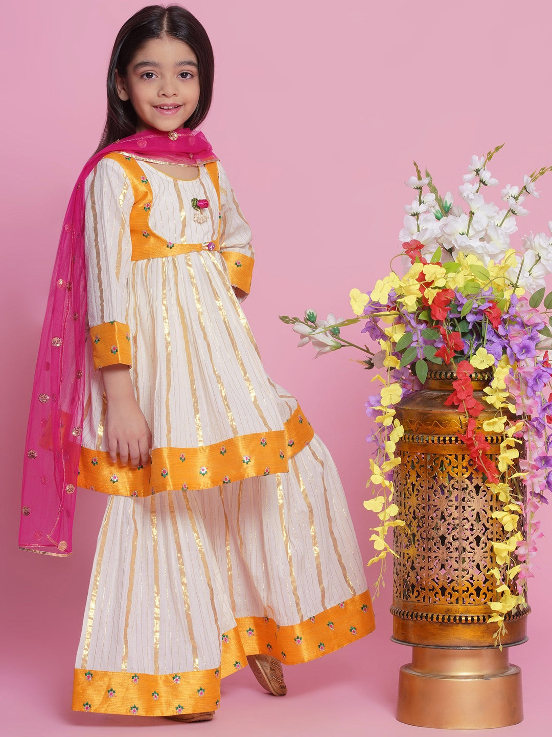 Choti Buti Floral Anarkali Sharara Set with Dupatta - Cream | SHOBITAM