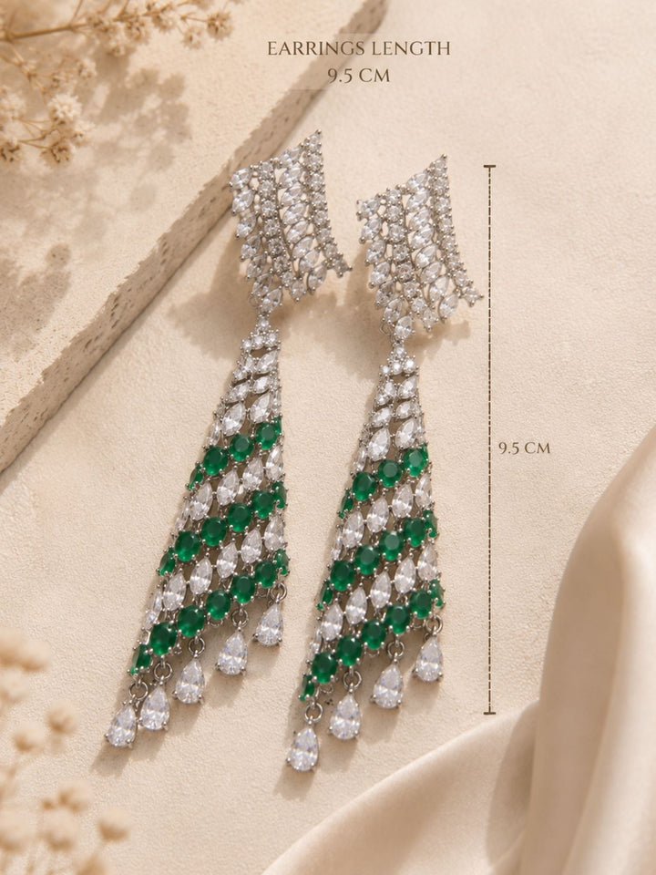 Emerald Green CZ Long Earrings in Silver Finish – Party Wear | SHOBITAM