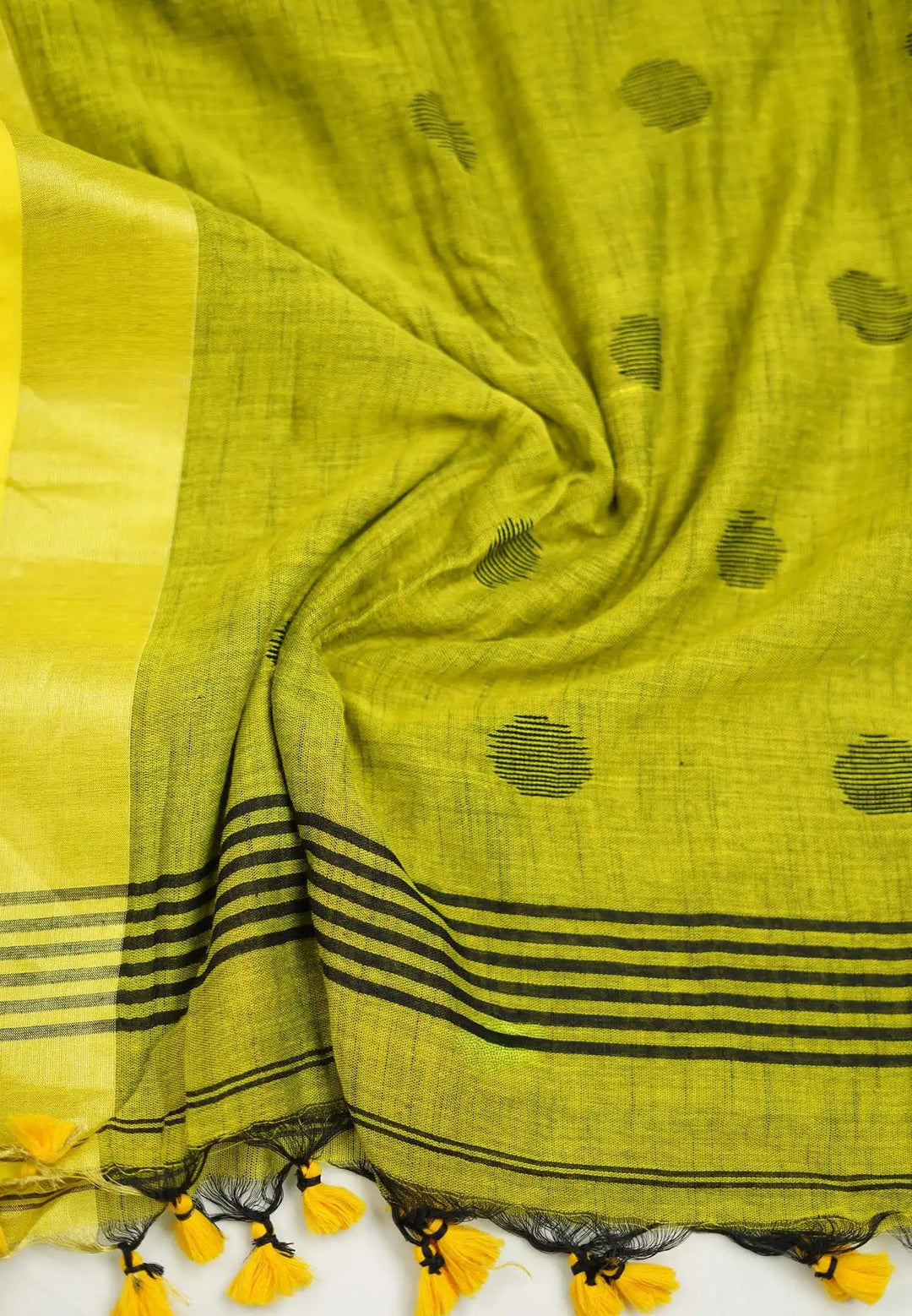 Black and Moss Yellow Polka Dot Slub Linen Saree  | SHOBITAM