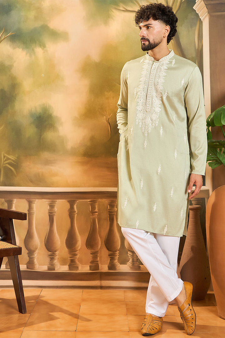 Green Silk Blend Solid Embroidered Straight Kurta  | SHOBITAM