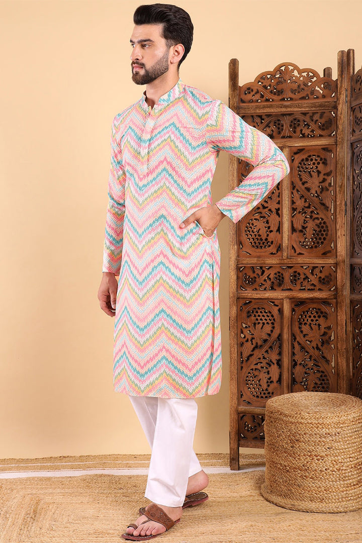 Ethnic Bay Teal Viscose Rayon Chevron Embroidered Straight Kurta For Men | SHOBITAM