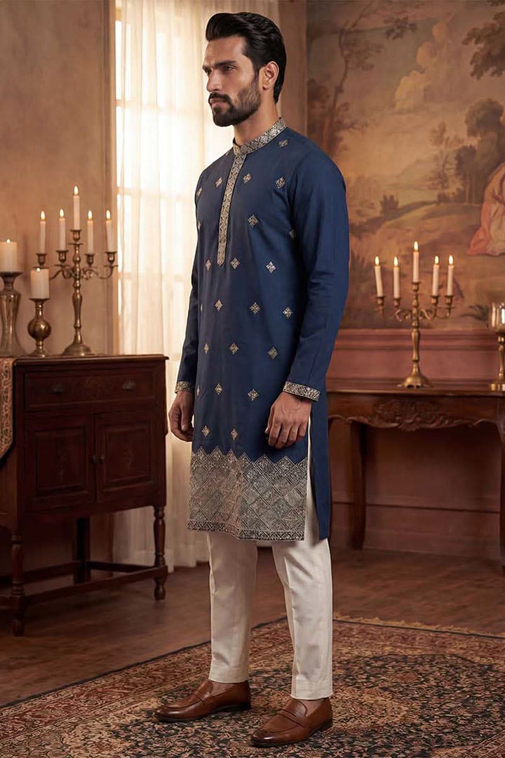 Silk Blend Blue Solid Embroidered Calf Length Straight Kurta | SHOBITAM