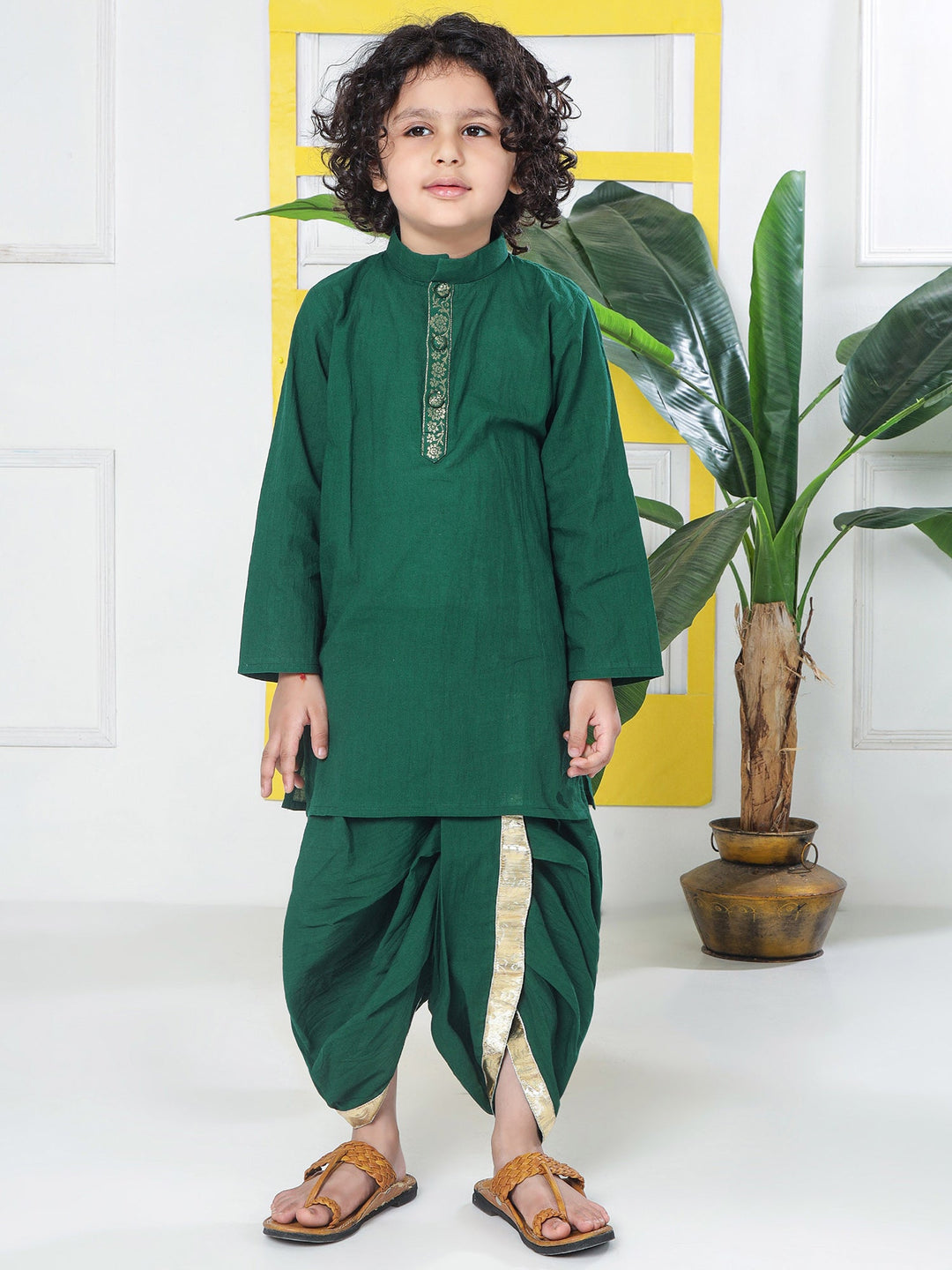 Green Minimal Zari Embroidery Cotton Kurta Dhoti set | SHOBITAM