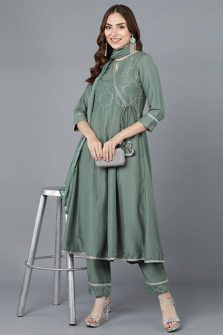 Teal Poly Silk Embroidered Kurta Trousers With Dupatta  | SHOBITAM