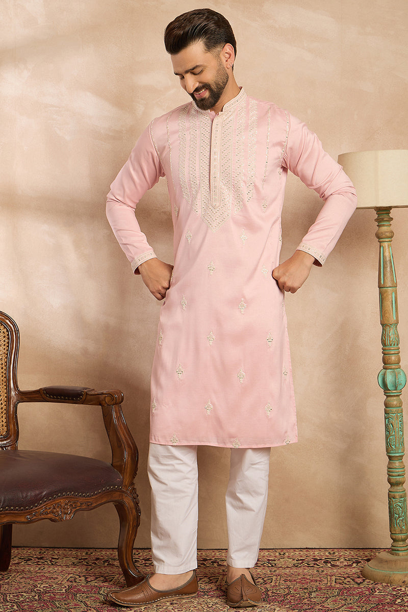Pink Silk Geometric Embroidered Straight Kurta  | SHOBITAM