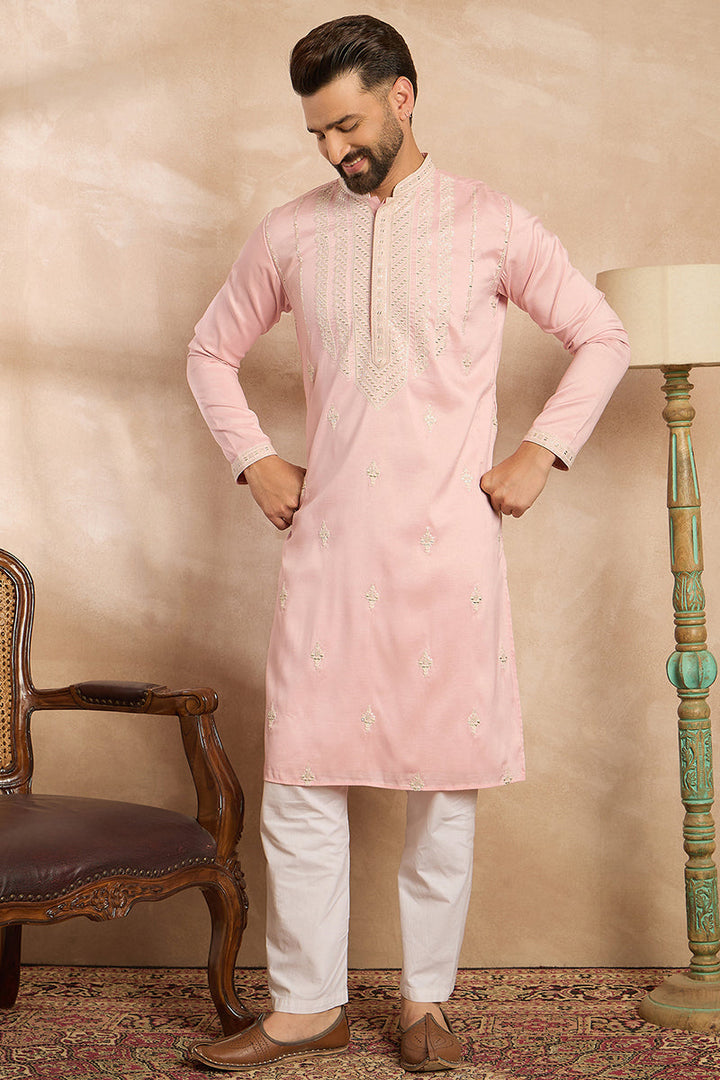 Pink Silk Geometric Embroidered Straight Kurta  | SHOBITAM
