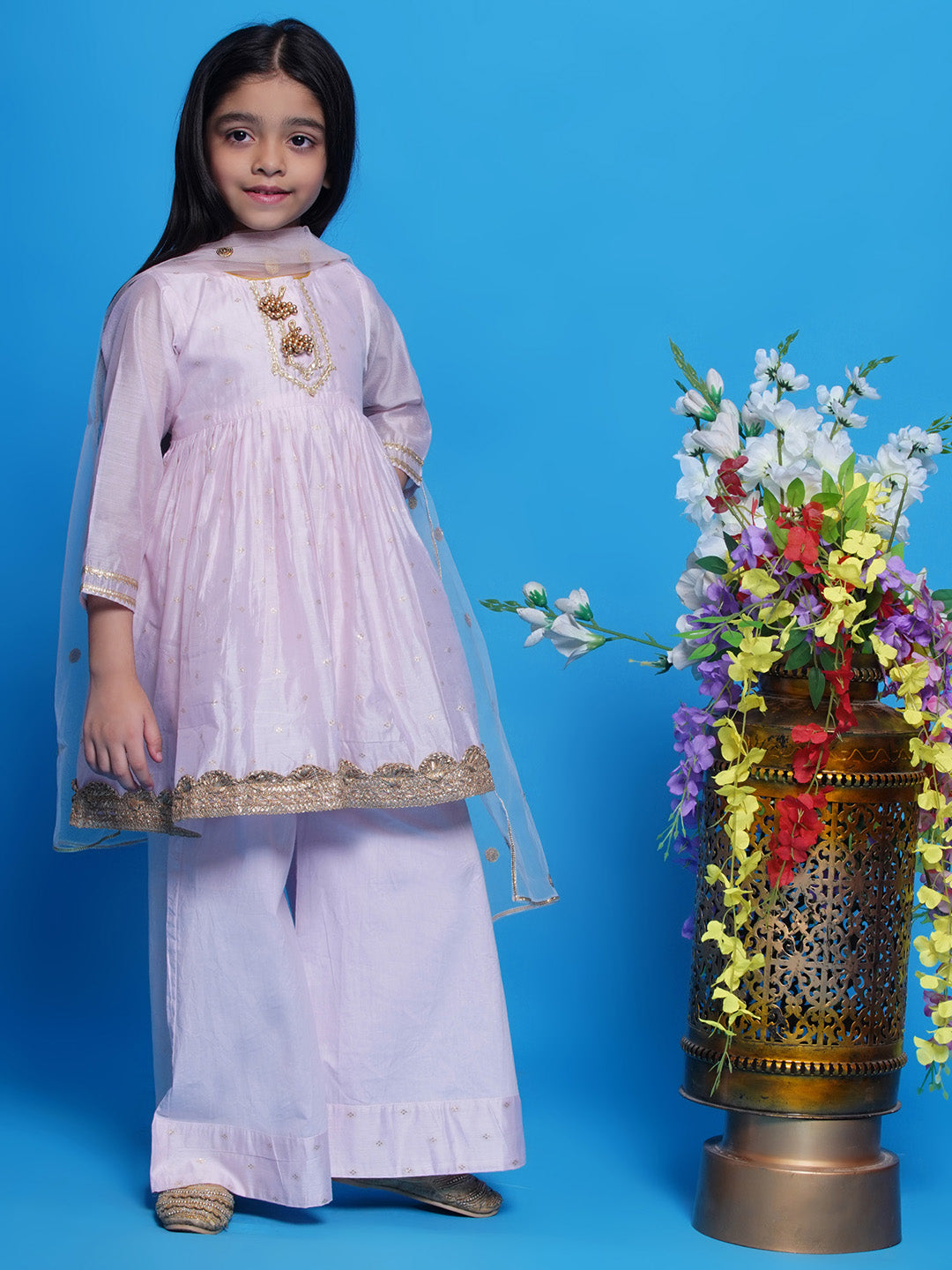 Girls Chanderi Cotton Three Fourth Sleeves Kurta Frock with Plazzo and Dupatta with Boota, Lace & Tussel work - Baby Pink | SHOBITAM