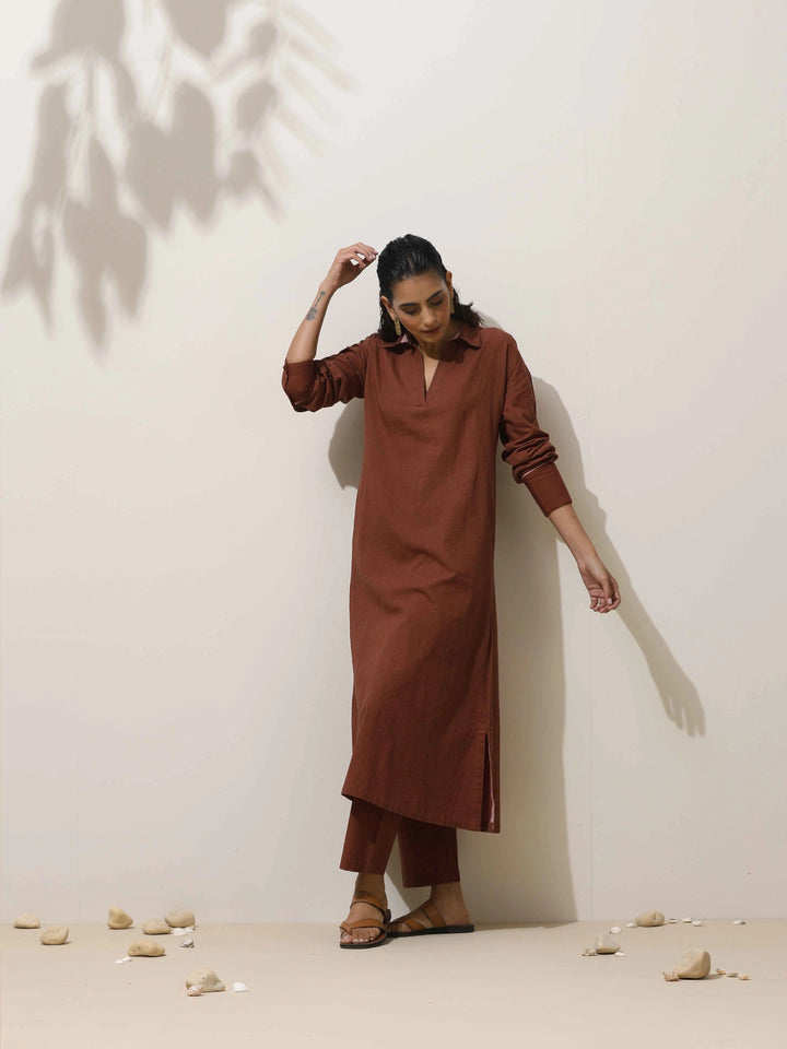 Brown Cotton Linen Kurta Pant Set | SHOBITAM