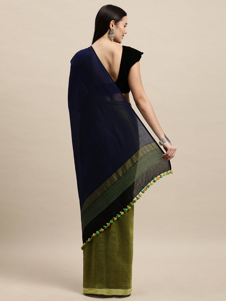 Moss Green Colour block Cotton Saree with pompoms With Minimal Border, No Blouse Piece