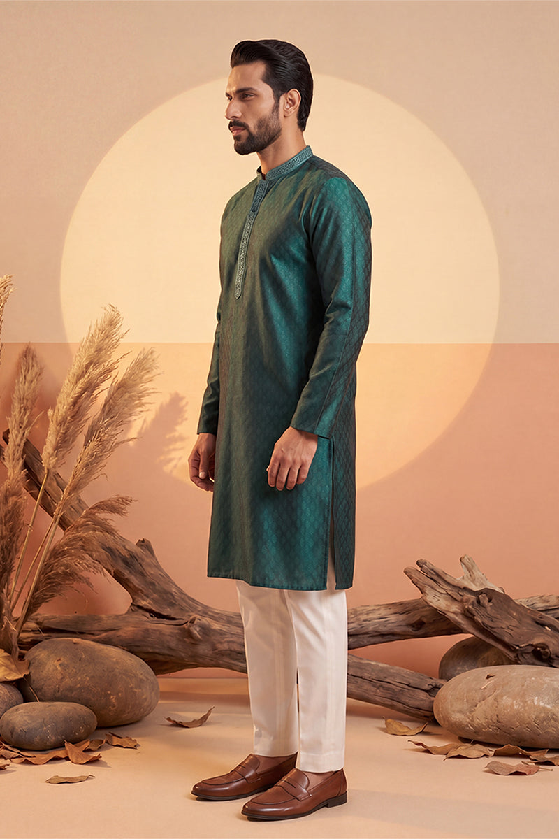 Mens Green Silk Blend Woven Design Straight Kurta With Trouser | SHOBITAM