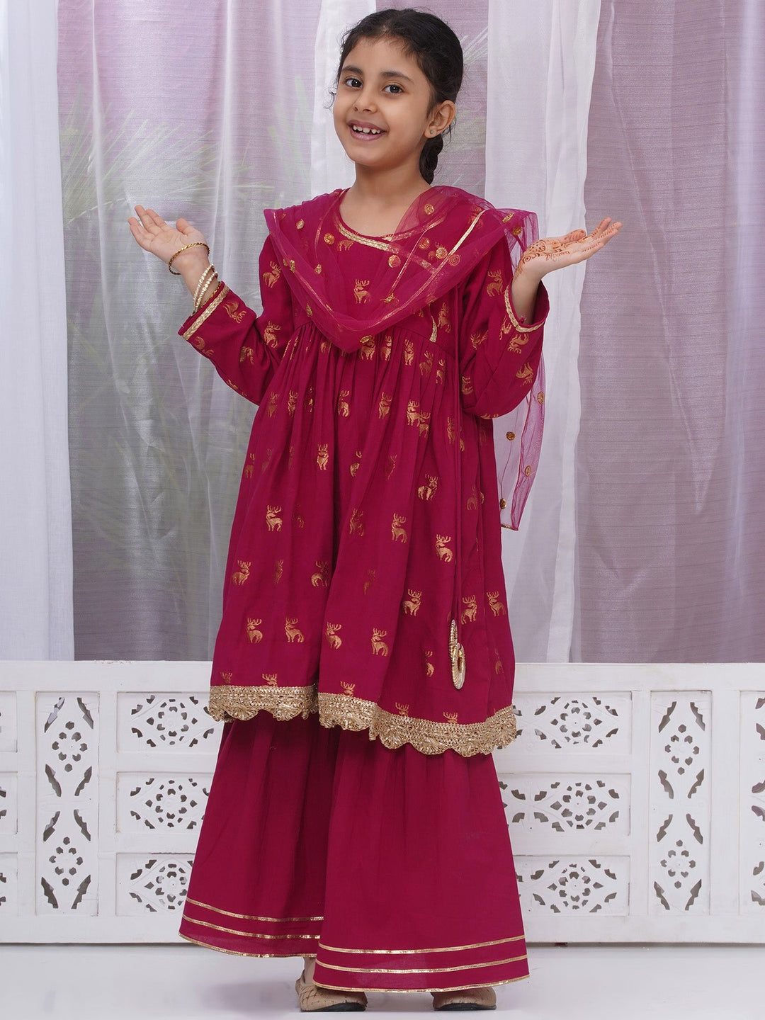 Girls Cotton Three Fourth Sleeves Angrakha Kurta with Sharara and Net Dupatta with Deer Design Zari Work - Rose Red | SHOBITAM