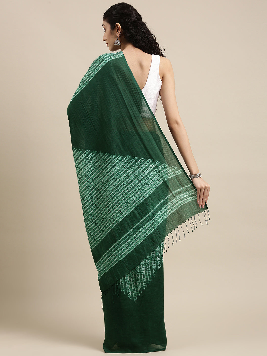 Dark Green Handloom woven Shibori Cotton Saree | SHOBITAM