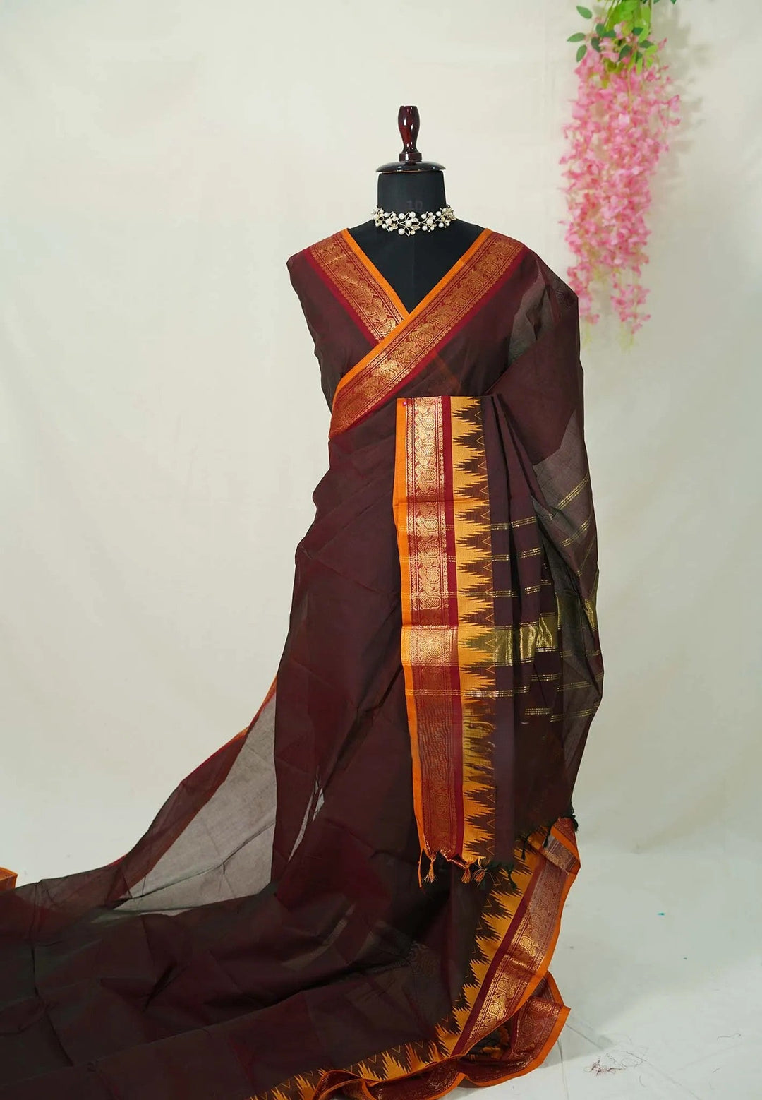 Coffee Chettinad Cotton Saree with Zari detailing