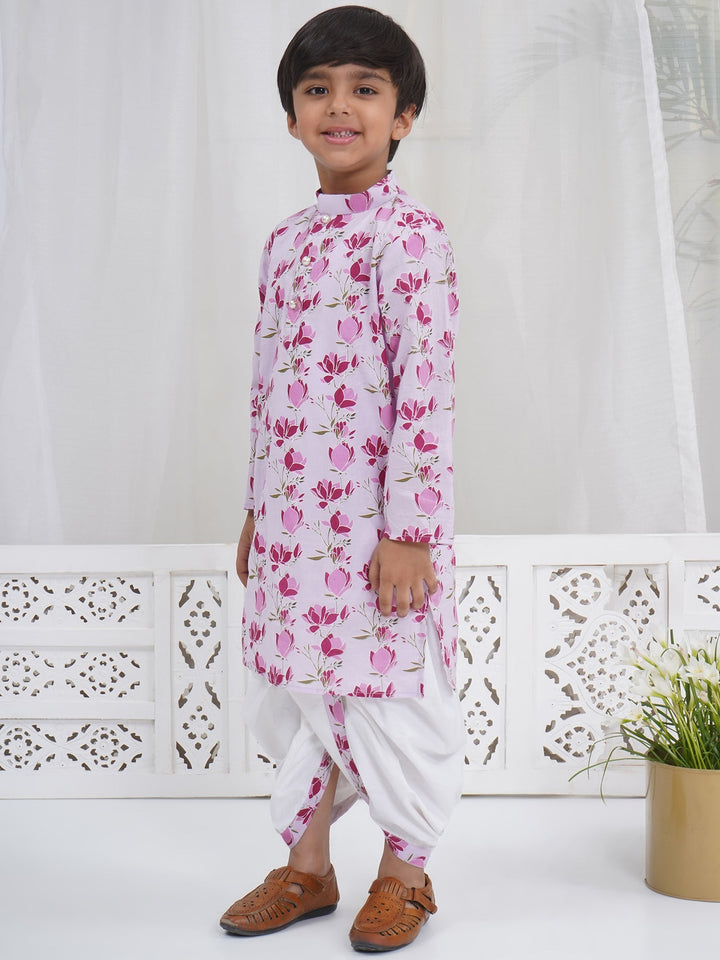 Boys Lavender Cotton Lotus Kurta Dhoti Set | SHOBITAM