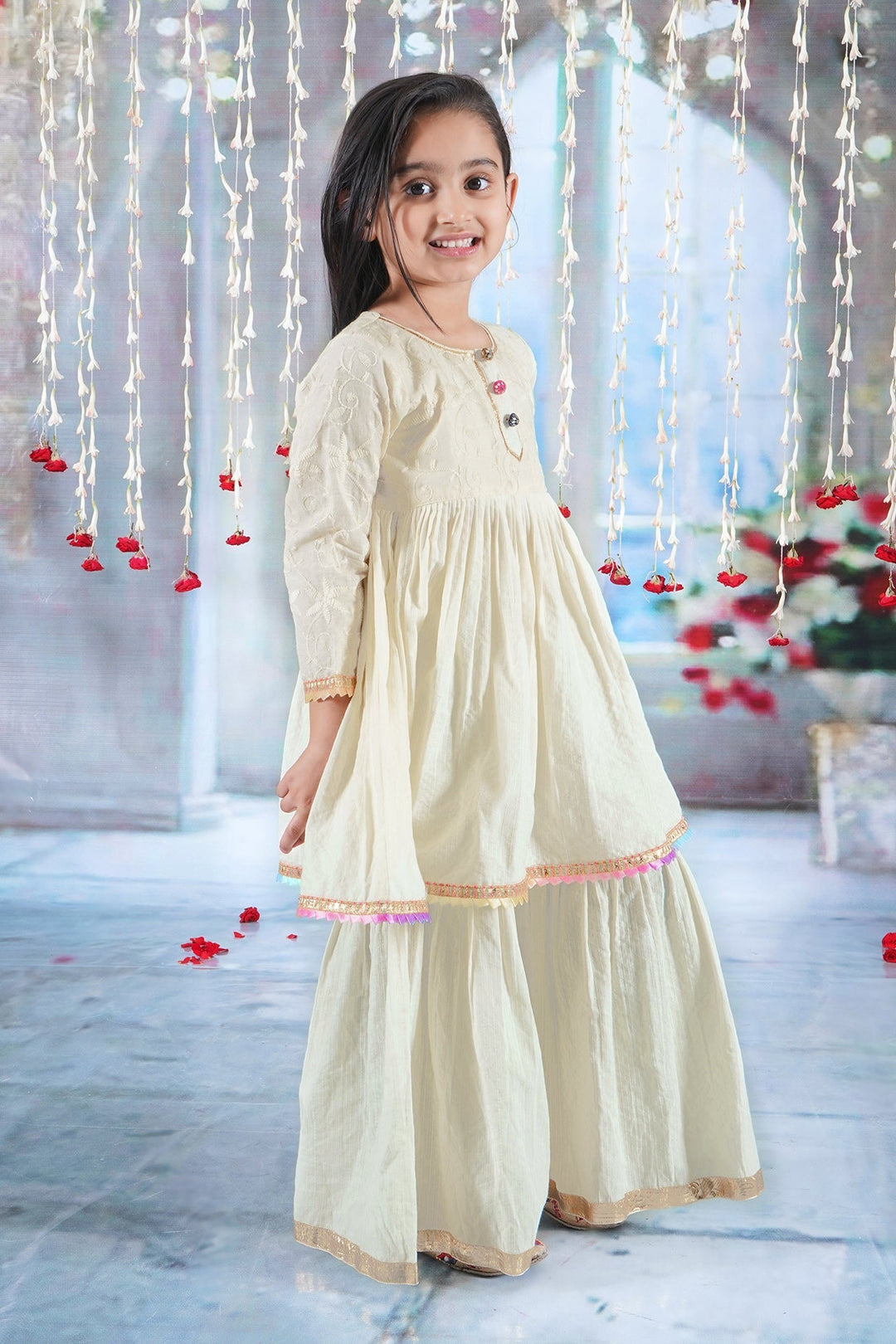 Girls Cotton Three Fourth Sleeves Kurta Sharara and Dupatta with Floral Embroidery, Kantha and Lace work with Rajasthani Lac Buttons - Seashell Cream| SHOBITAM