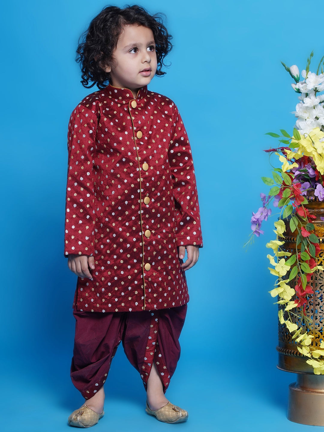 Chand Sitare Sherwani with Golden Buttons and Dhoti - Maroon | SHOBITAM