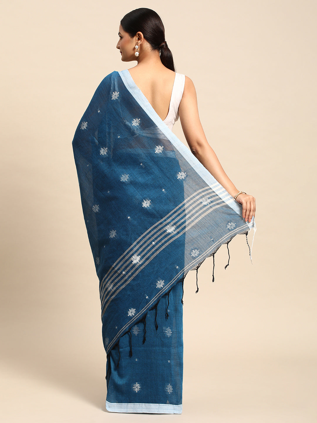 Blue Pure Cotton Saree with Minimal Border and Blouse piece