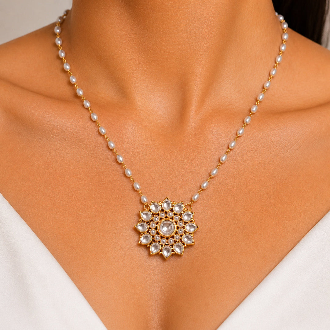 Pearl Beaded Chain Necklace with Kundan Star Flower Pendant | SHOBITAM