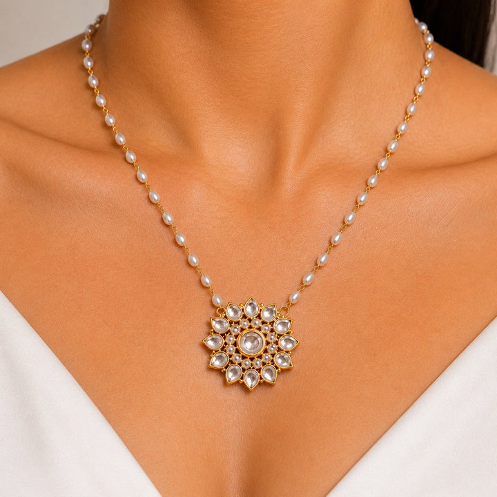 Pearl Beaded Chain Necklace with Kundan Star Flower Pendant | SHOBITAM