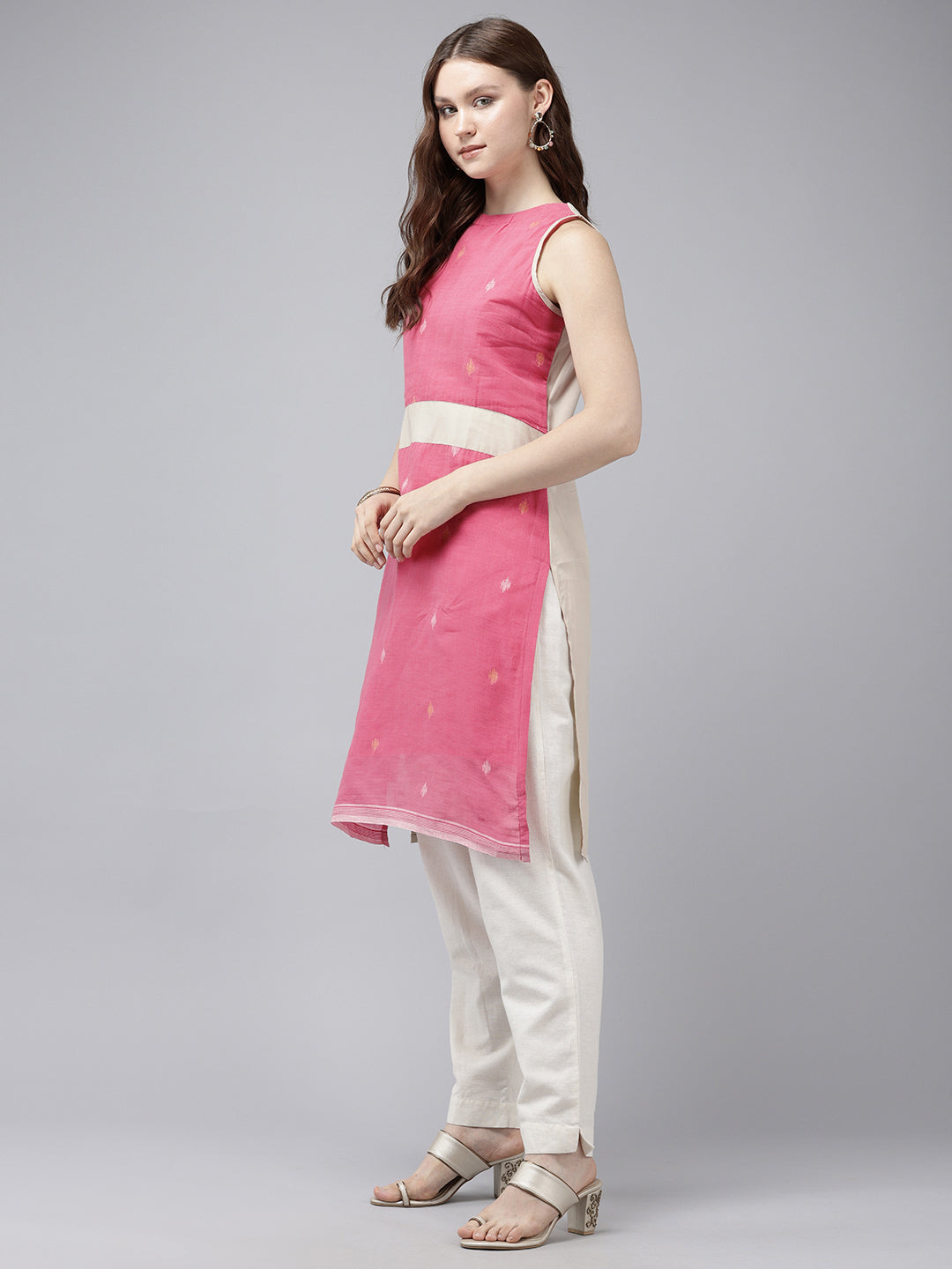 Pink & Cream Handloom Cotton Kurta | SHOBITAM