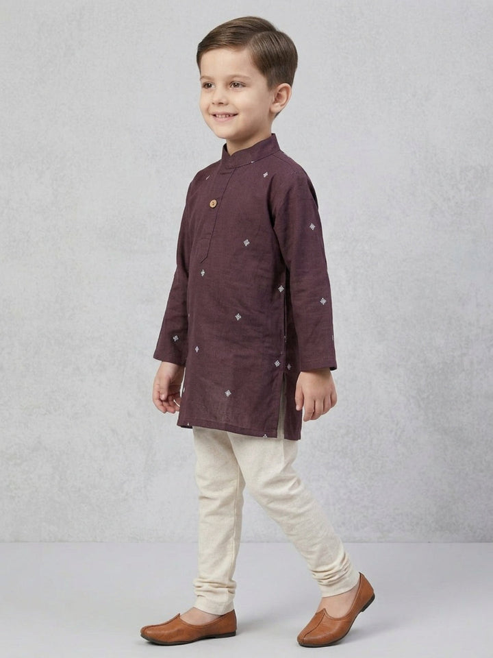 Boys Maroon Embroidered Mandarin Collar Cotton Kurta Set | SHOBITAM