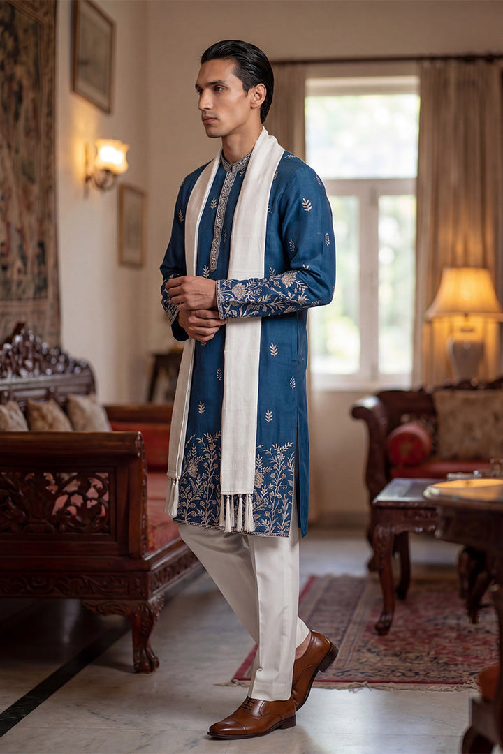 Men Blue Chanderi Silk Solid Embroidered Straight Kurta Trouser with Dupatta  | SHOBITAM