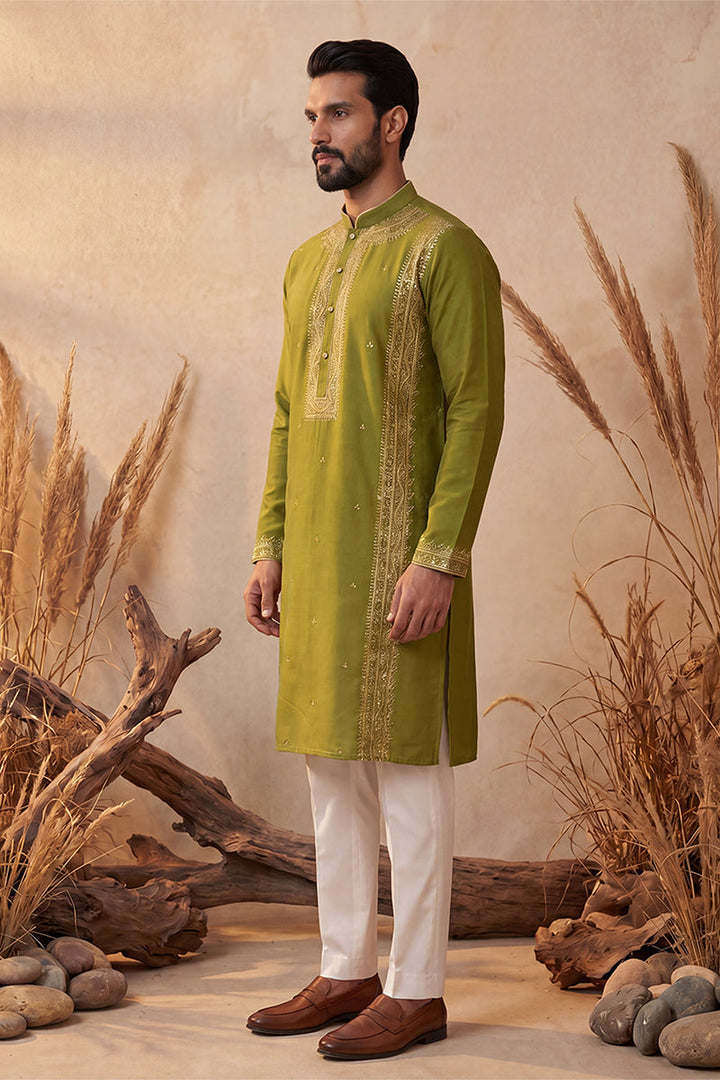 Mens Green Silk Blend Solid Emboidered Straight Kurta With Trouser | SHOBITAM