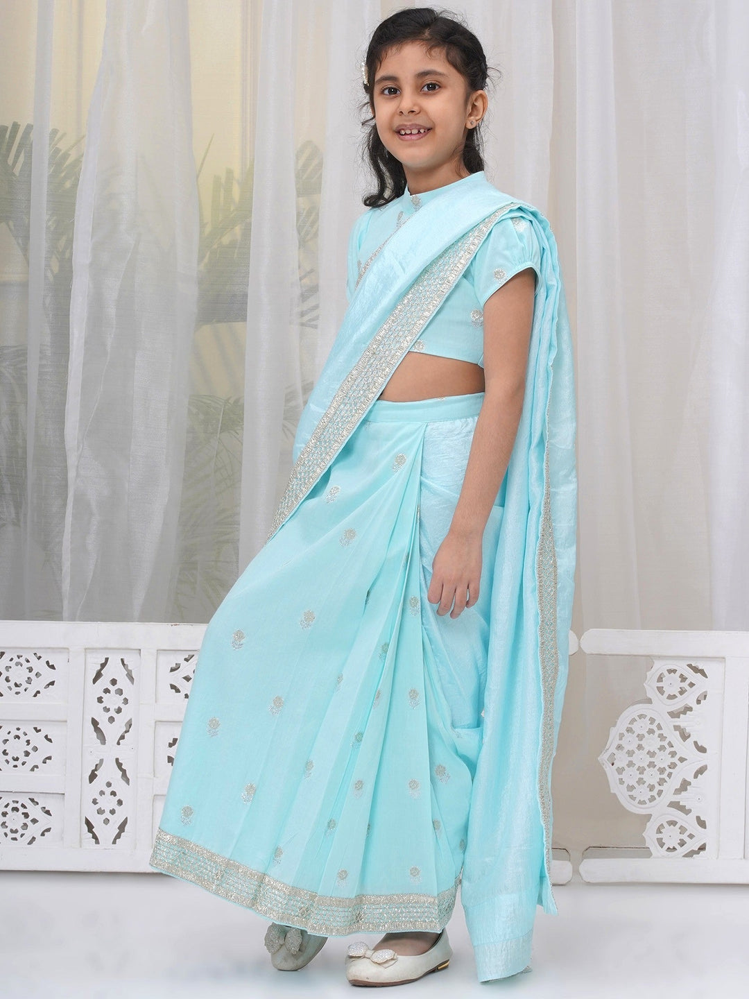 Girls Cotton Puff Sleeves Rose Embroidery Ready to wear Blouse with Ready to wear Chanderi Saree - Sky Blue | SHOBITAM