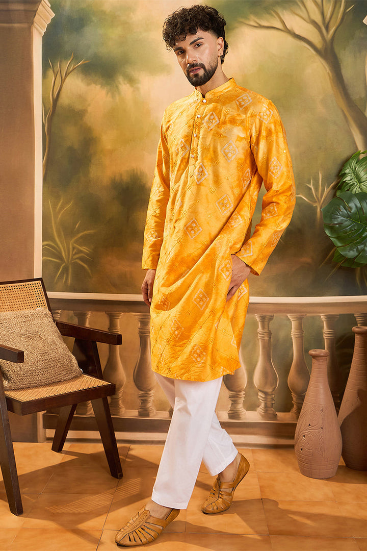 Orange Silk Blend Batik Embroidered Straight Kurta with Trouser | SHOBITAM