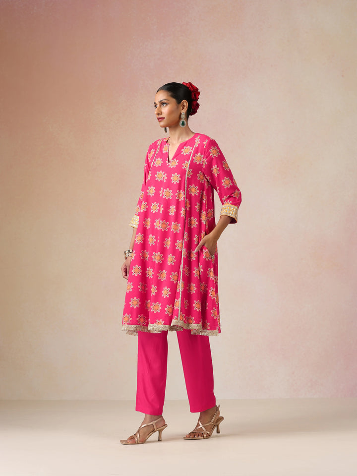 Pink Boota Print Viscose Flared Kurta Co-ord Set | SHOBITAM